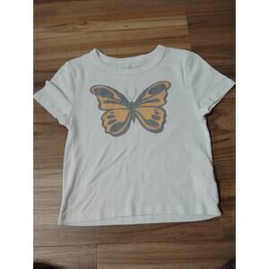 American Eagle Cream Crop Top Orange Butterfly Shirt Large Short Sleeve 04/23
